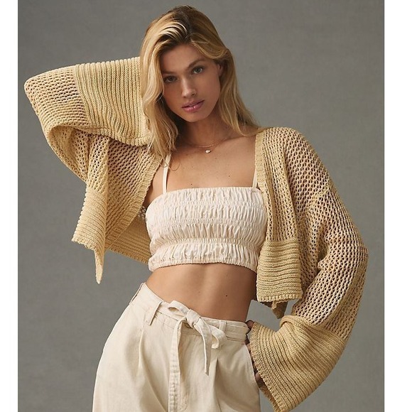 Anthropologie Juillet Cropped Cardigan Open Knit Cover Up Beige One Size Boho - Picture 1 of 5
